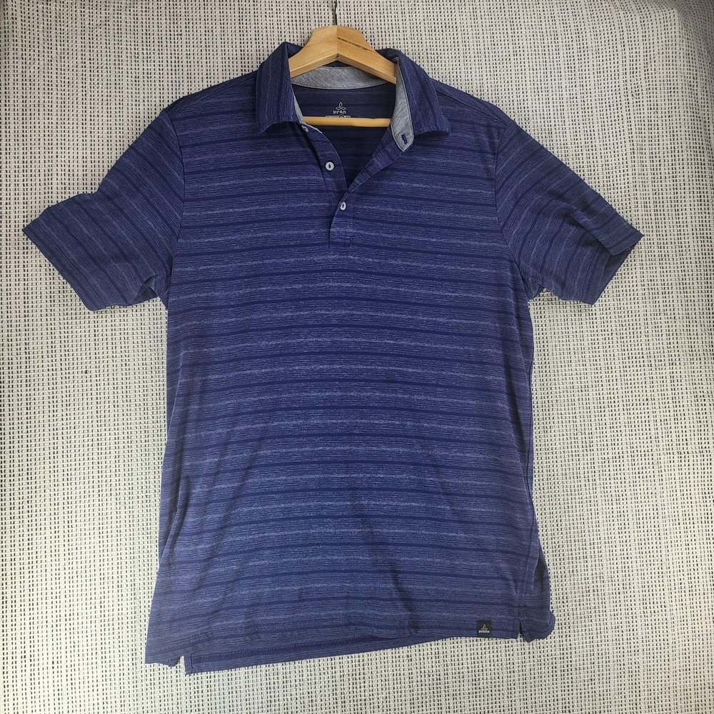 Prana Polo Shirt Mens Medium Blue Striped Short Sleeve‎ Casual Outdoor Comfort